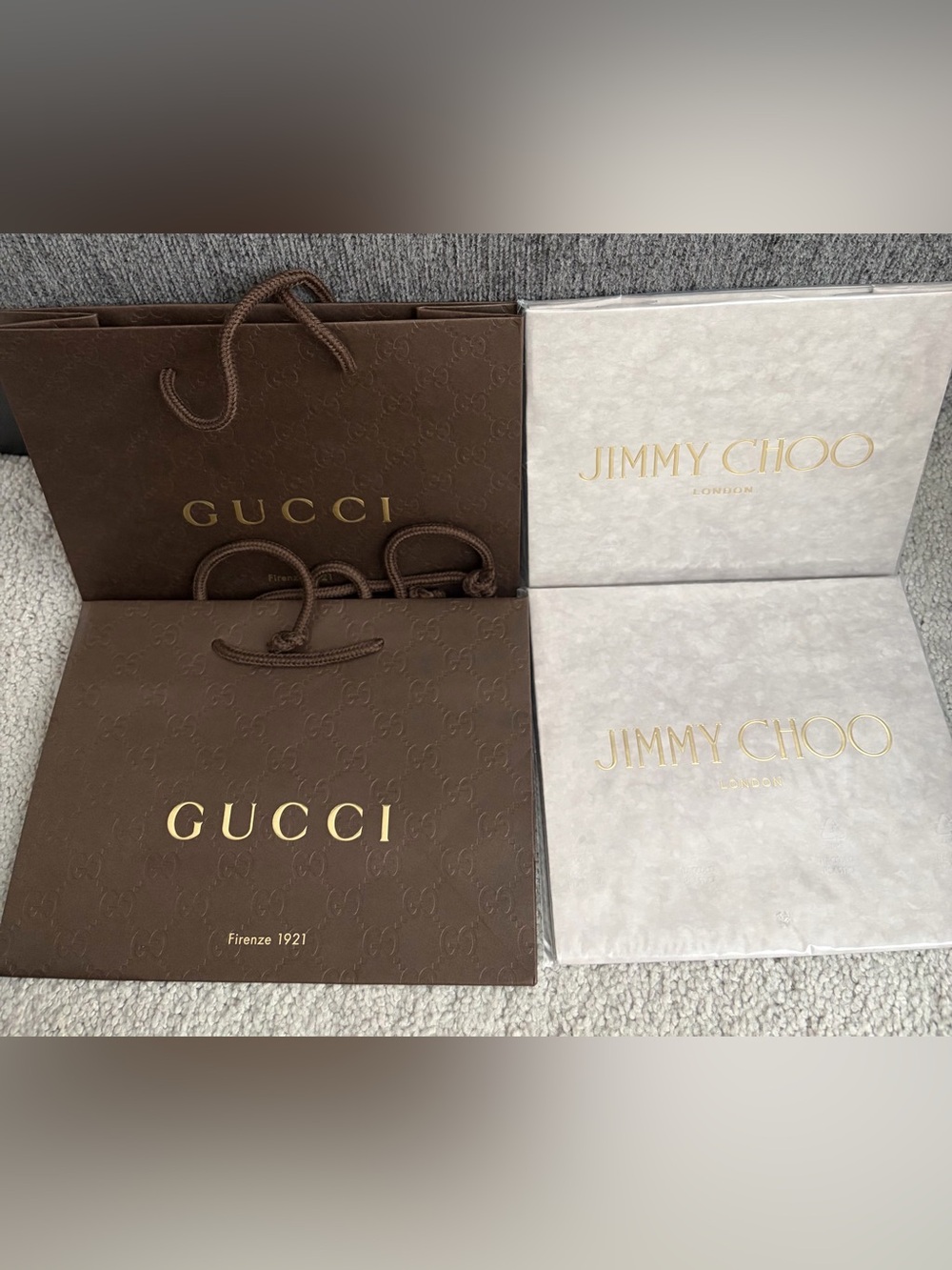 Gucci & Jimmy Choo Luxury Shopping/Gift Bags - Brown Monogram and Light Gray